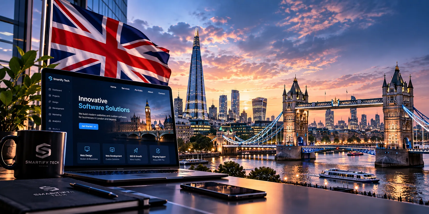 Web design workspace with a Union Jack and the London skyline at sunset